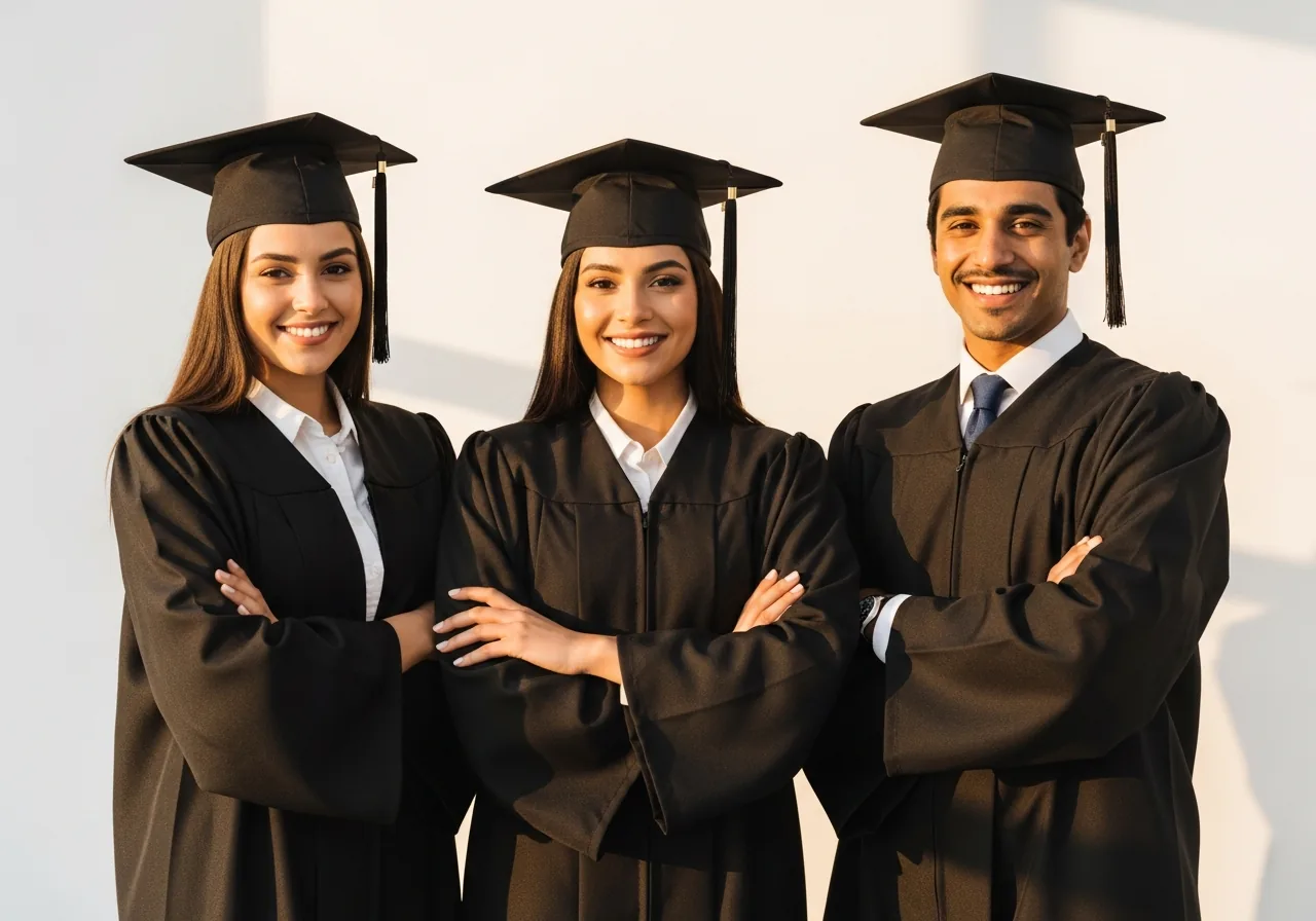 Three pharmacy graduates standing together confidently