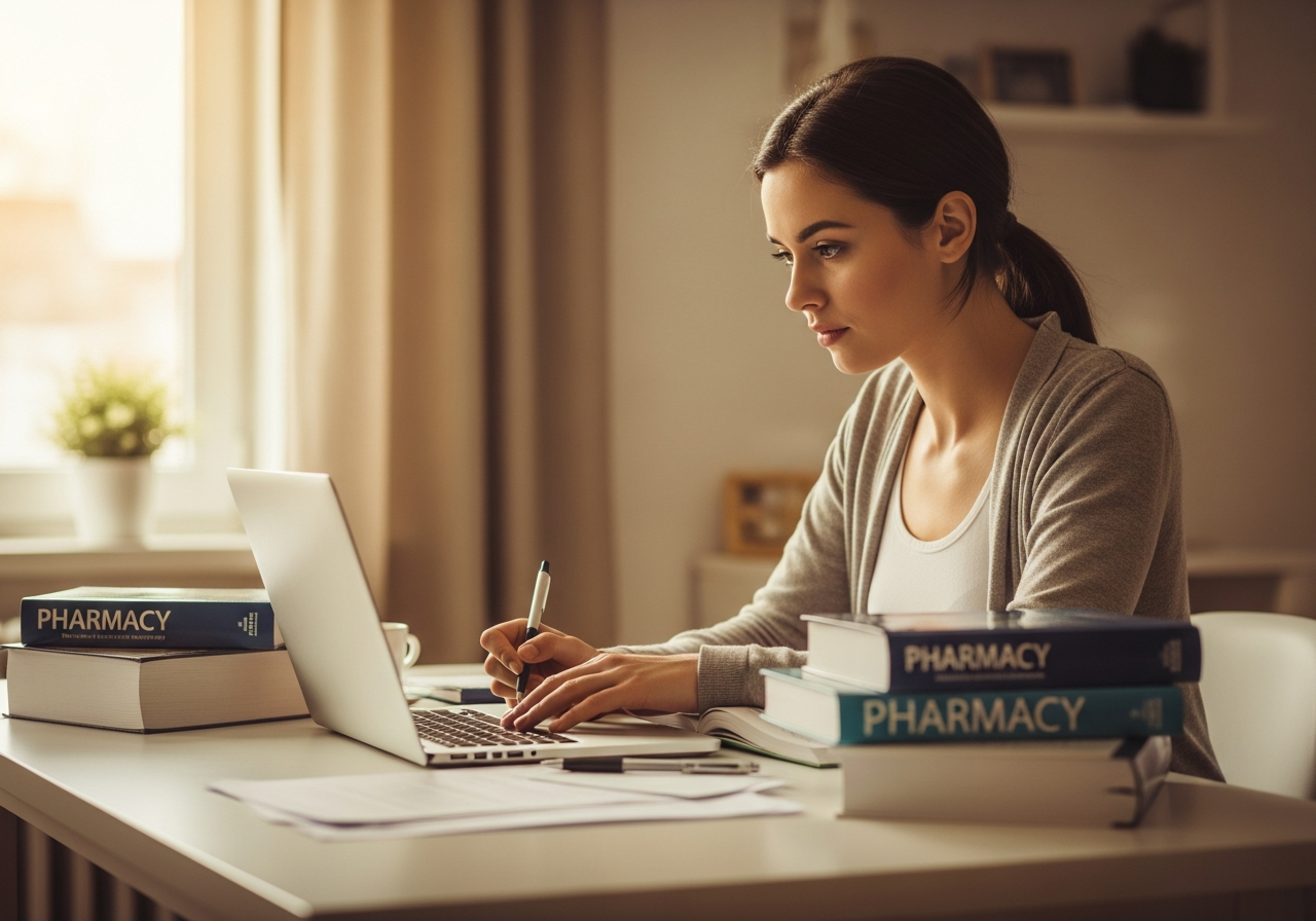 Pharmacy student studying online with notes and laptop