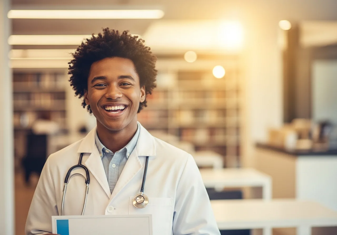 Smiling pharmacy professional celebrating exam success